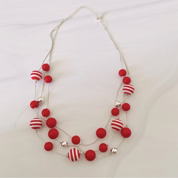 Red and White Stripe Ball Necklace- Silver Chain- Vintage- Costume Jewelry - Picture 3 of 3